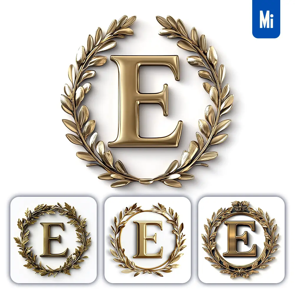 midjourney prompt E letter badge logo gold golden dark olive branches round ring hollow white metal 3D rendering