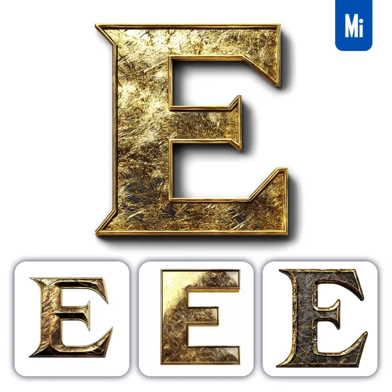 midjourney prompt E letter logo 3D rendering gold golden metal