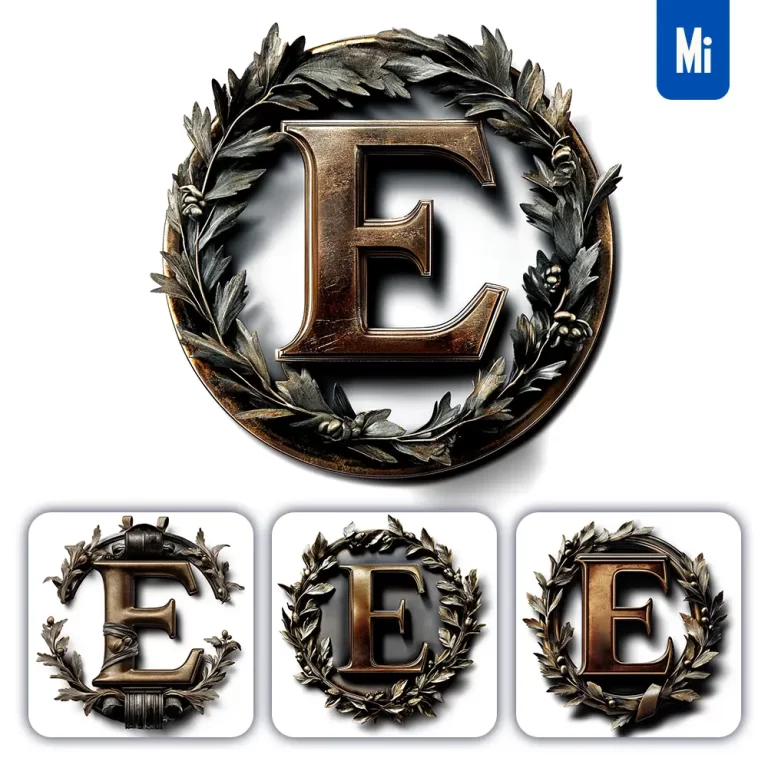 midjourney prompt E letter logo retro 3D rendering dark gold golden metal