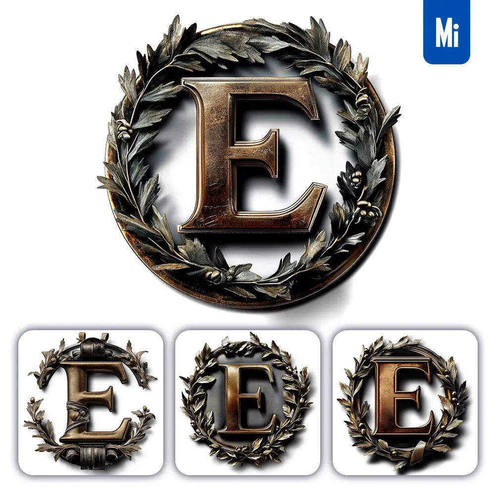 midjourney prompt E letter logo retro 3D rendering dark gold golden metal
