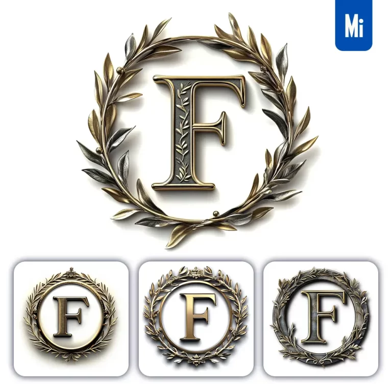 midjourney prompt F letter badge logo gold golden dark olive branches round ring hollow white metal 3D rendering