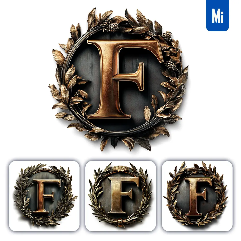midjourney prompt F letter logo retro 3D rendering dark gold golden metal