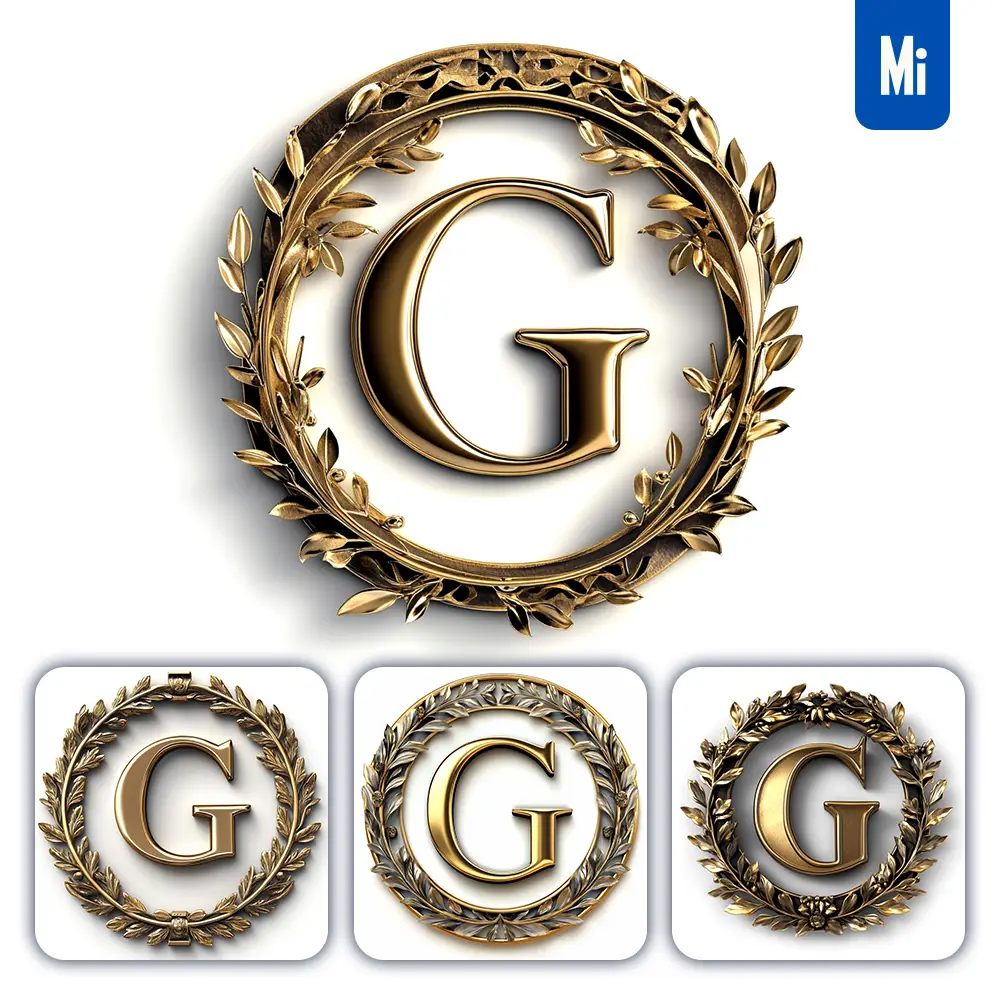 midjourney prompt G letter badge logo gold golden dark olive branches round ring hollow white metal 3D rendering