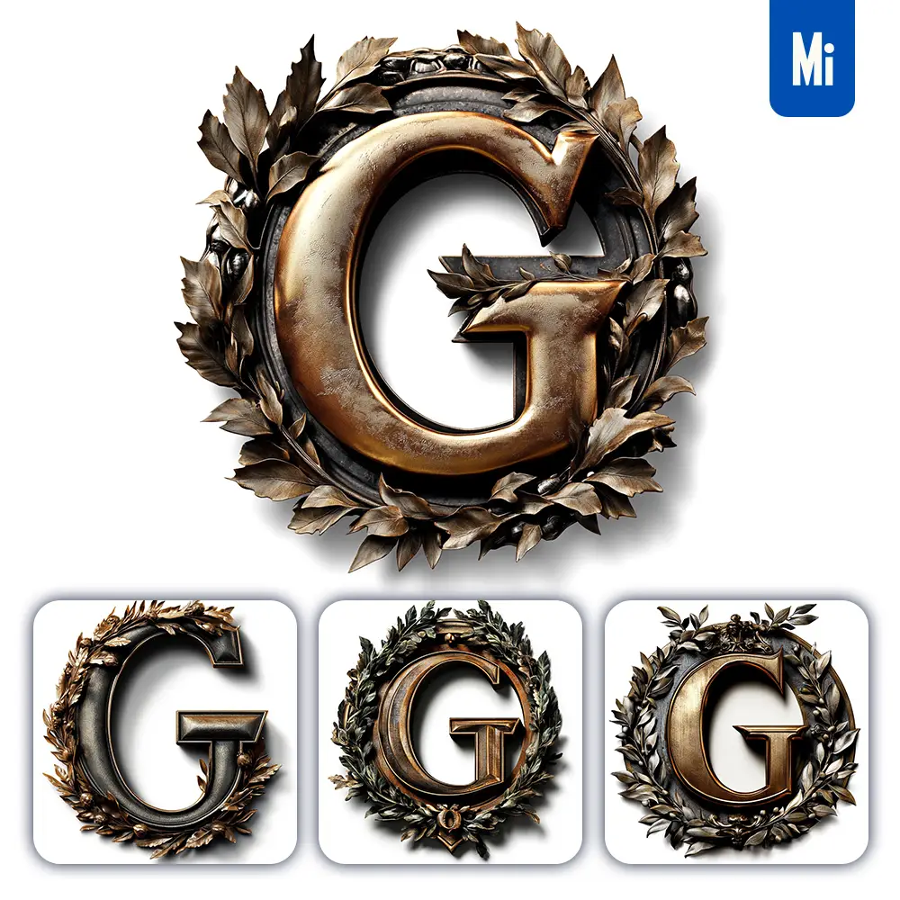 midjourney prompt G letter logo retro 3D rendering dark gold golden metal