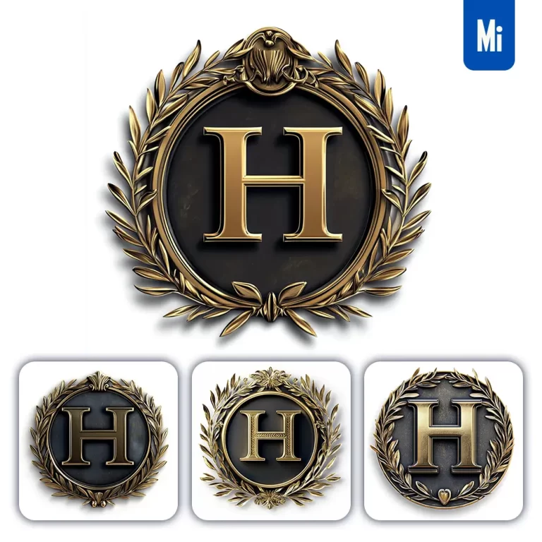 midjourney prompt H letter badge gold coin golden dark olive branches round metal 3D rendering