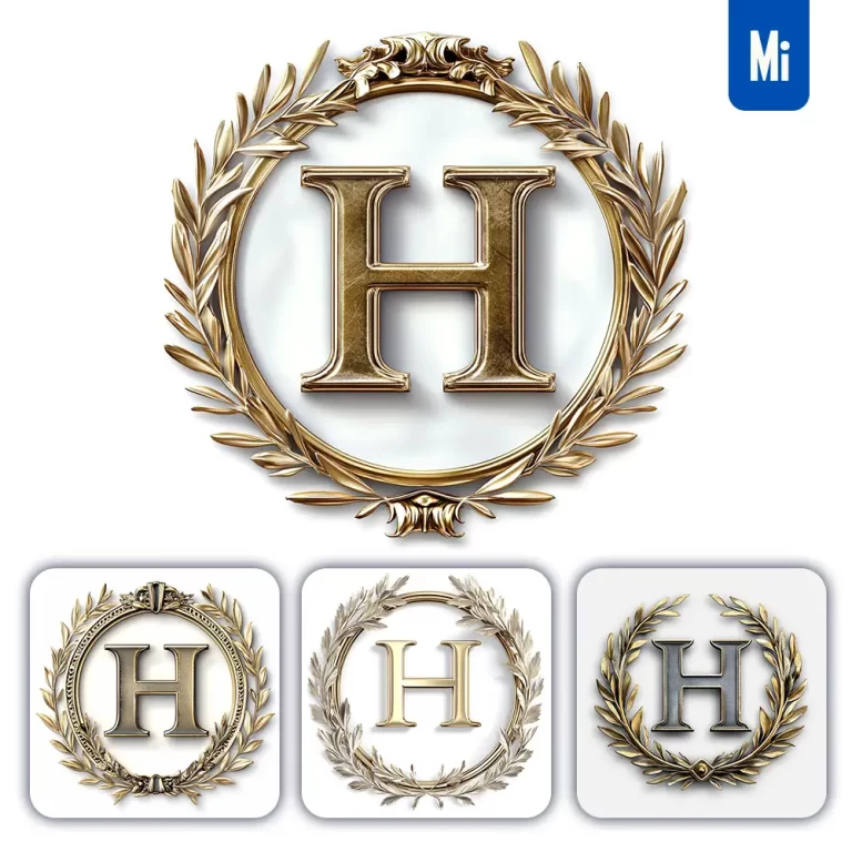 midjourney prompt H letter badge logo gold golden dark olive branches round ring hollow white metal 3D rendering