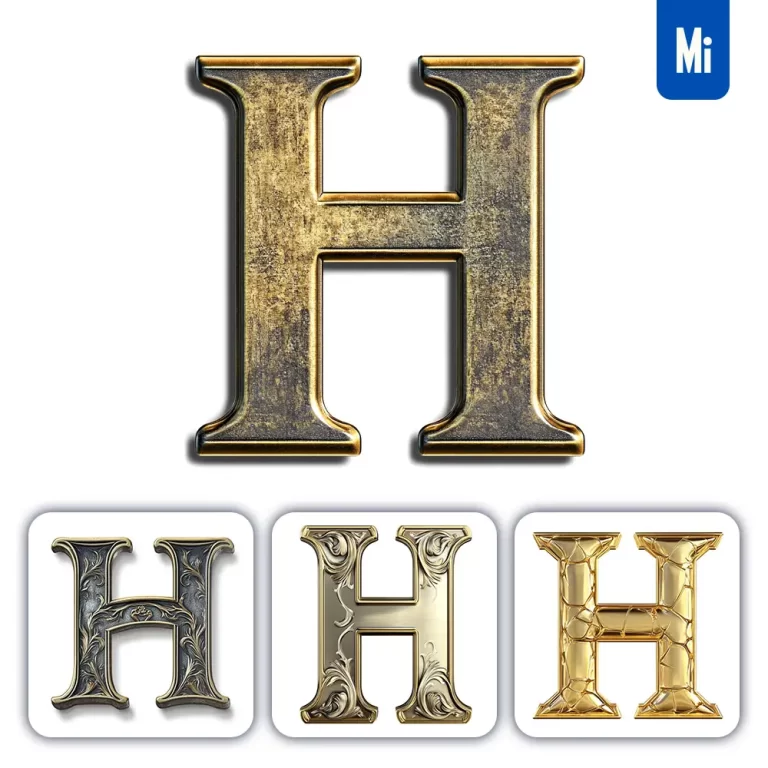 midjourney prompt H letter logo 3D rendering gold golden metal