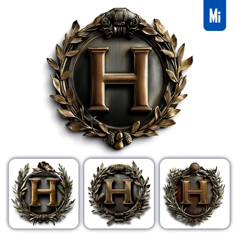 midjourney prompt H letter logo retro 3D rendering dark gold golden metal