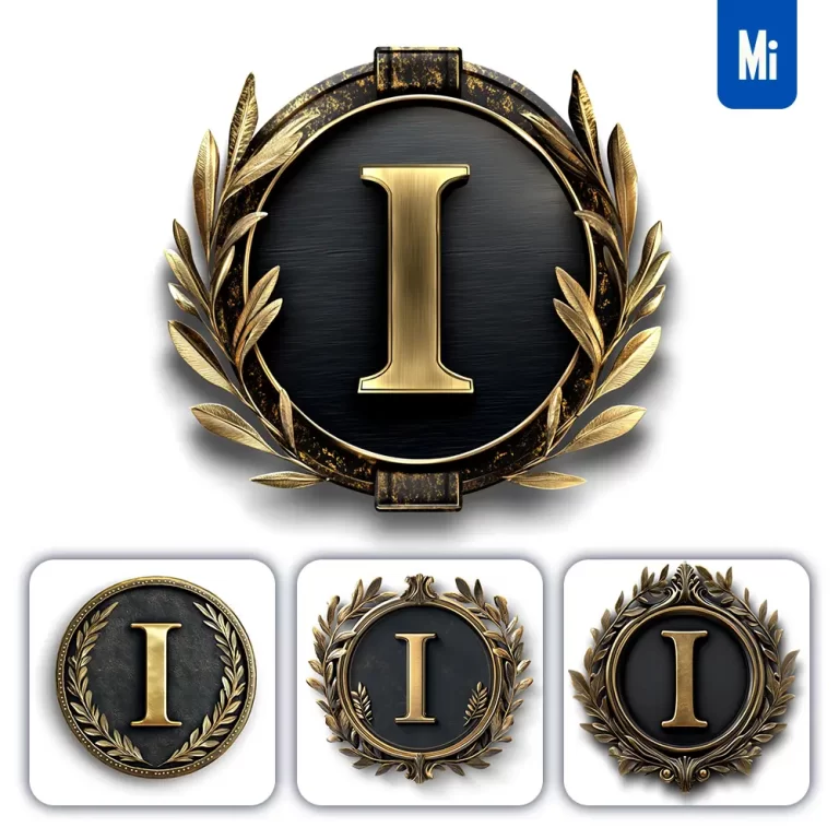 midjourney prompt I letter badge gold coin golden dark olive branches round metal 3D rendering