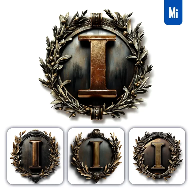 midjourney prompt I letter logo retro 3D rendering dark gold golden metal