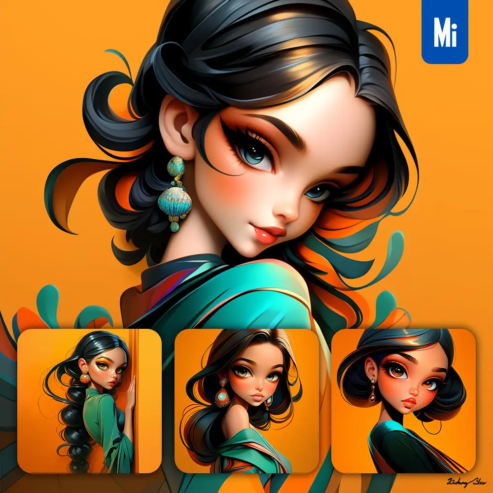 Midjourney Prompt Indian Girl Woman Sari Female Lady Portrait Cartoon Illustration
