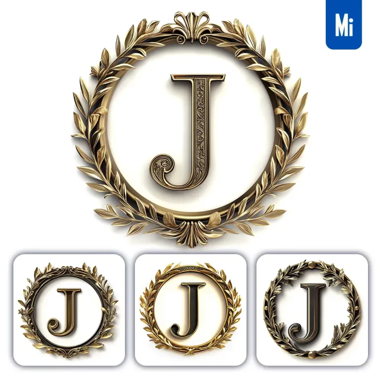 midjourney prompt J letter badge logo gold golden dark olive branches round ring hollow white metal 3D rendering
