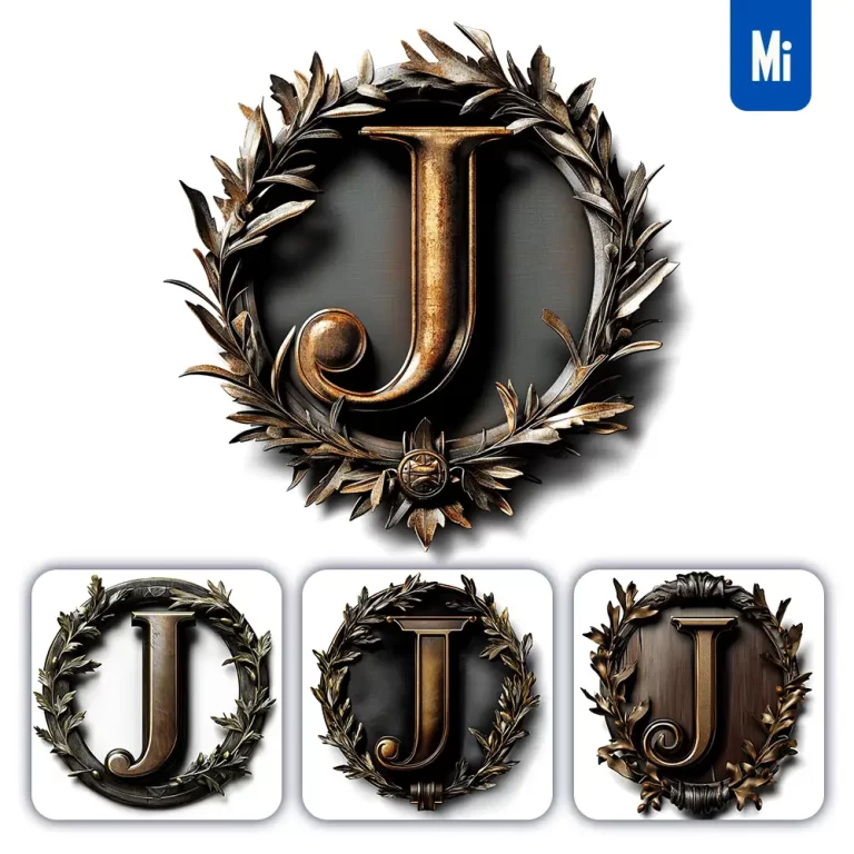 midjourney prompt J letter logo retro 3D rendering dark gold golden metal