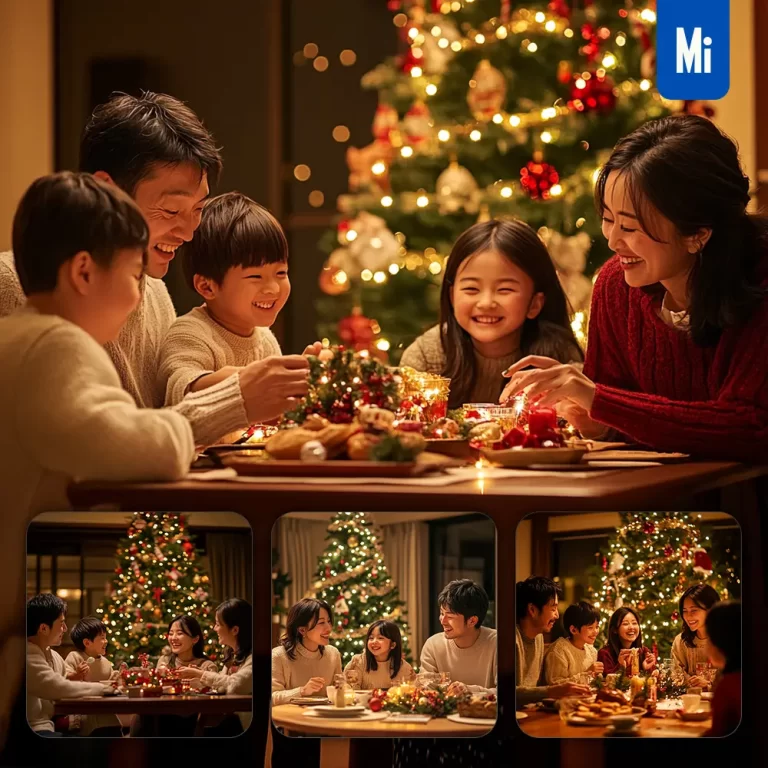 midjourney prompt Japanese Asian family happy Christmas eve dine together photography
