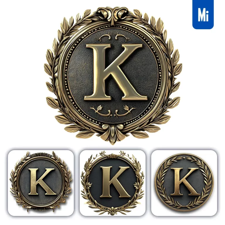 midjourney prompt K letter badge gold coin golden dark olive branches round metal 3D rendering