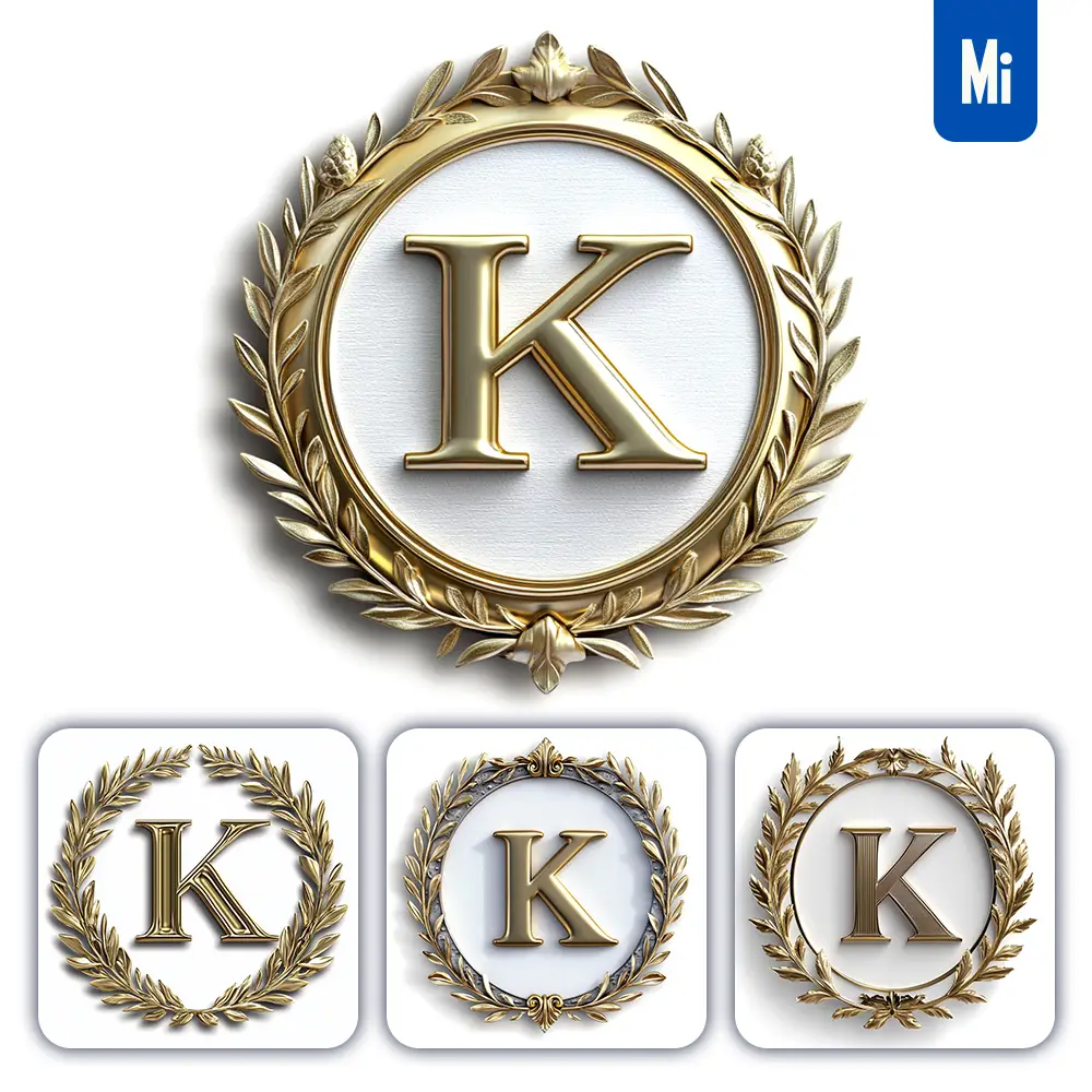 midjourney prompt K letter badge logo gold golden dark olive branches round ring hollow white metal 3D rendering