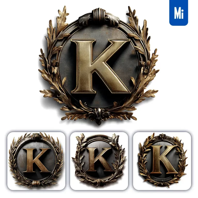midjourney prompt K letter logo retro 3D rendering dark gold golden metal