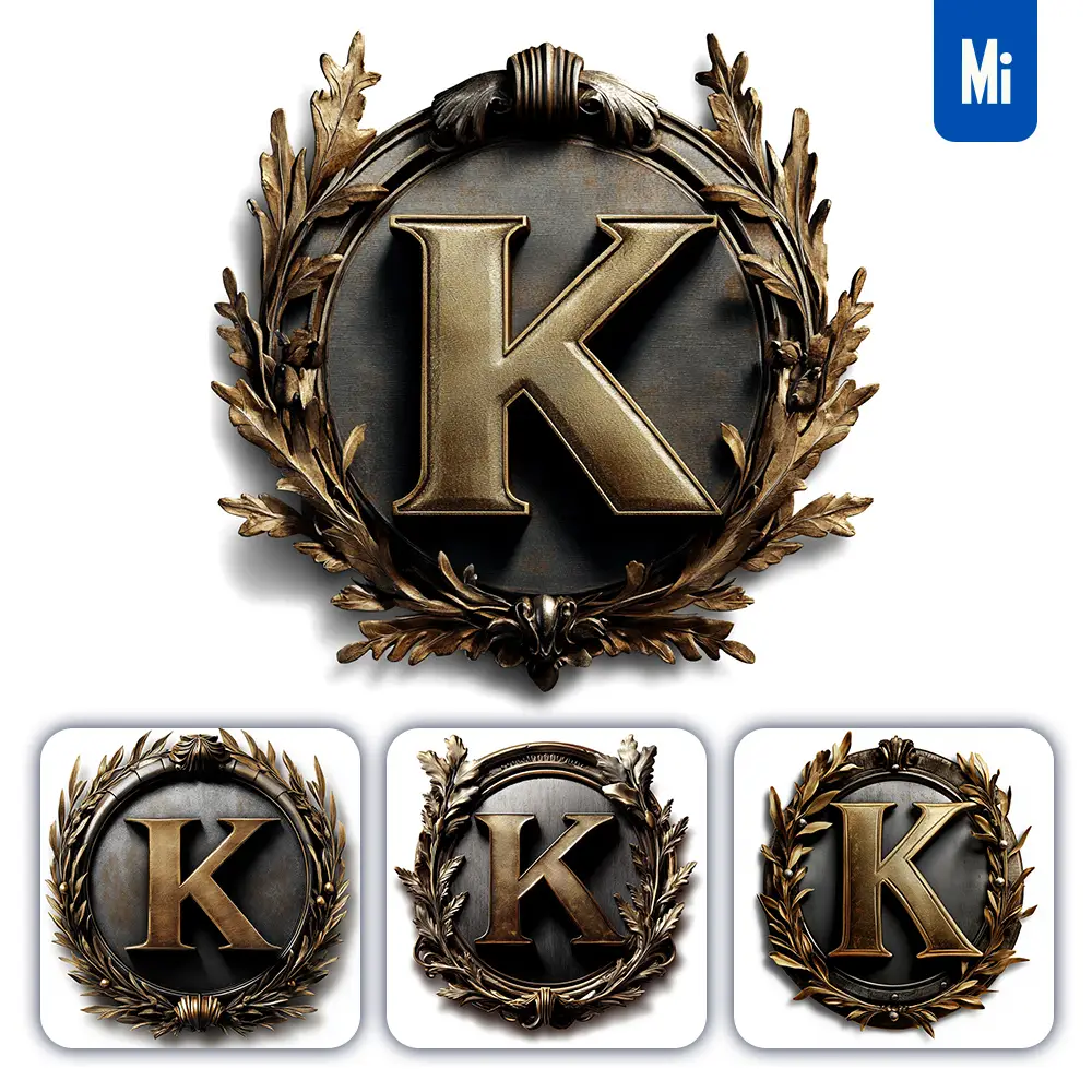 midjourney prompt K letter logo retro 3D rendering dark gold golden metal