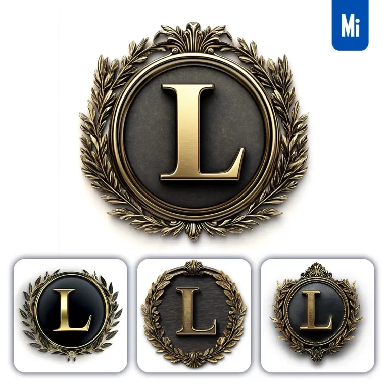 midjourney prompt L letter badge gold coin golden dark olive branches round metal 3D rendering