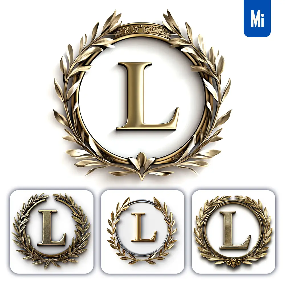 midjourney prompt L letter badge logo gold golden dark olive branches round ring hollow white metal 3D rendering