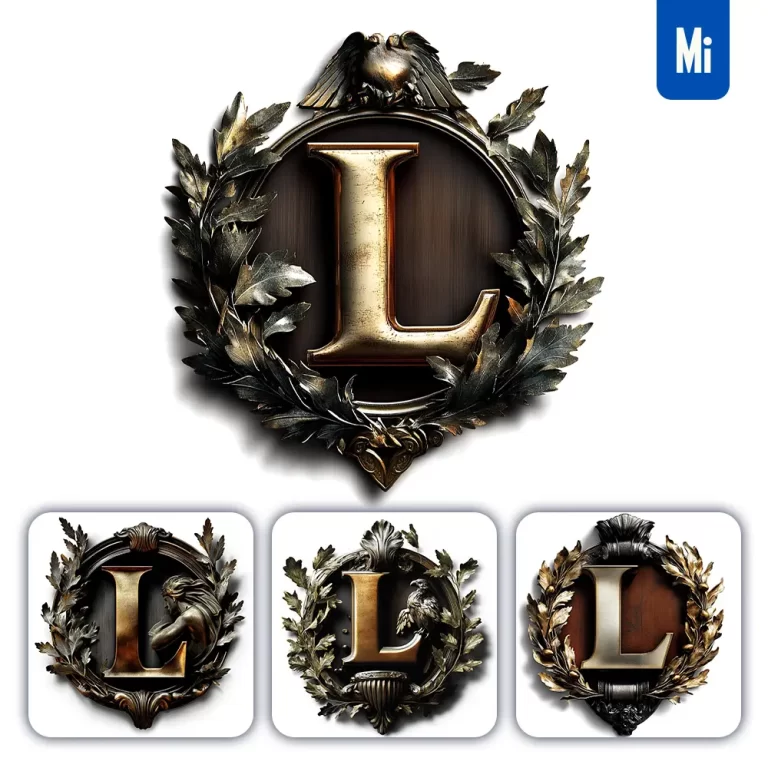midjourney prompt L letter logo retro 3D rendering dark gold golden metal