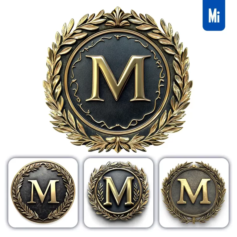 midjourney prompt M letter badge gold coin golden dark olive branches round metal 3D rendering