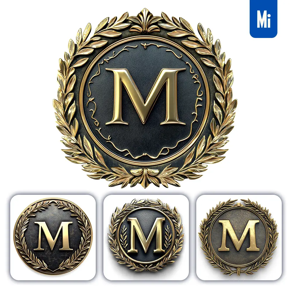 midjourney prompt M letter badge gold coin golden dark olive branches round metal 3D rendering