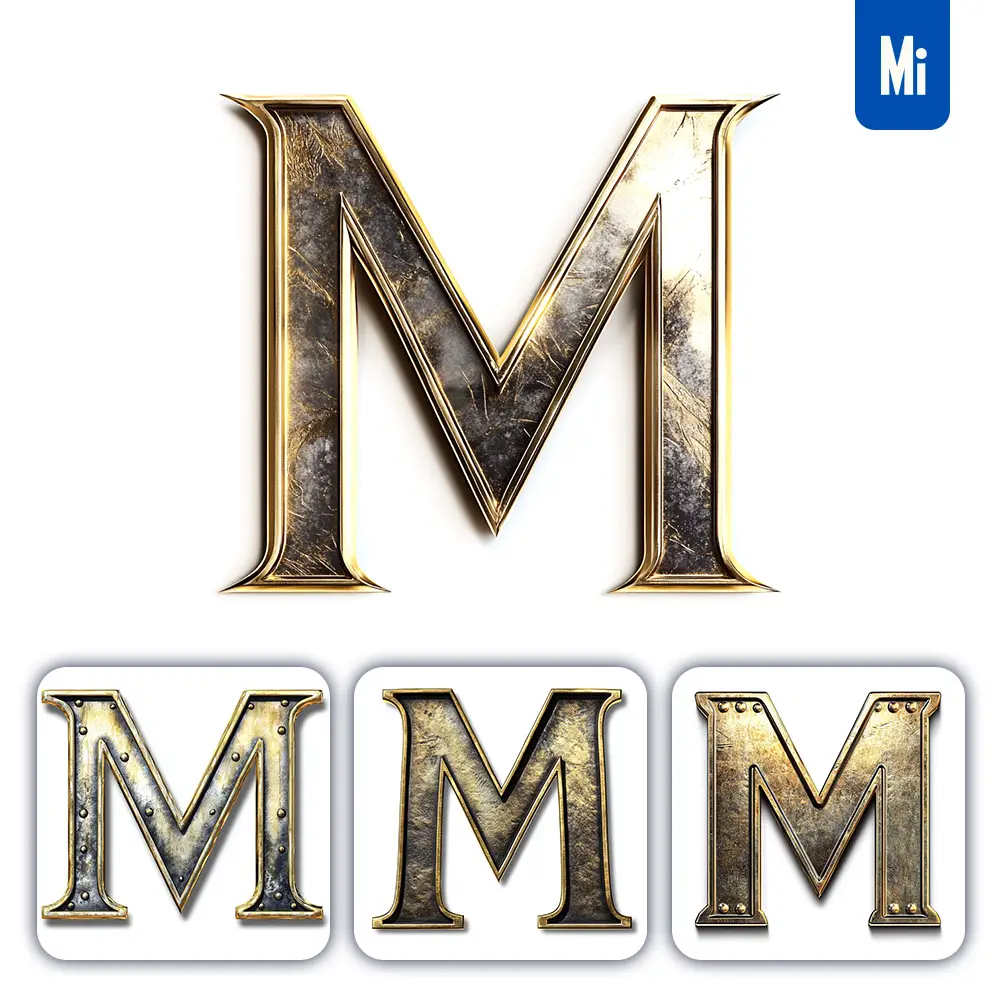 midjourney prompt M letter logo 3D rendering gold golden metal