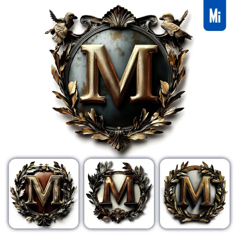 midjourney prompt M letter logo retro 3D rendering dark gold golden metal