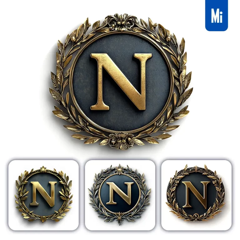 midjourney prompt N letter badge gold coin golden dark olive branches round metal 3D rendering