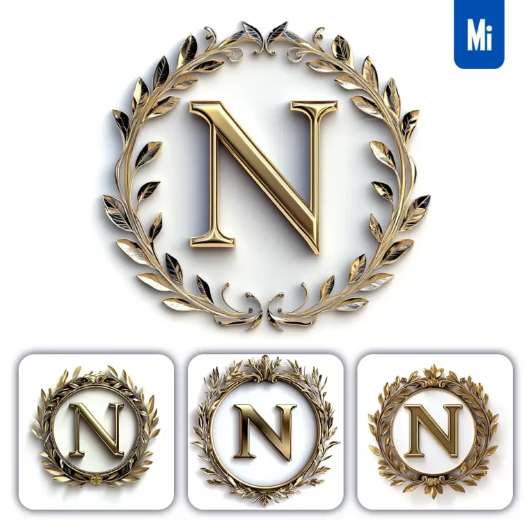 midjourney prompt N letter badge logo gold golden dark olive branches round ring hollow white metal 3D rendering