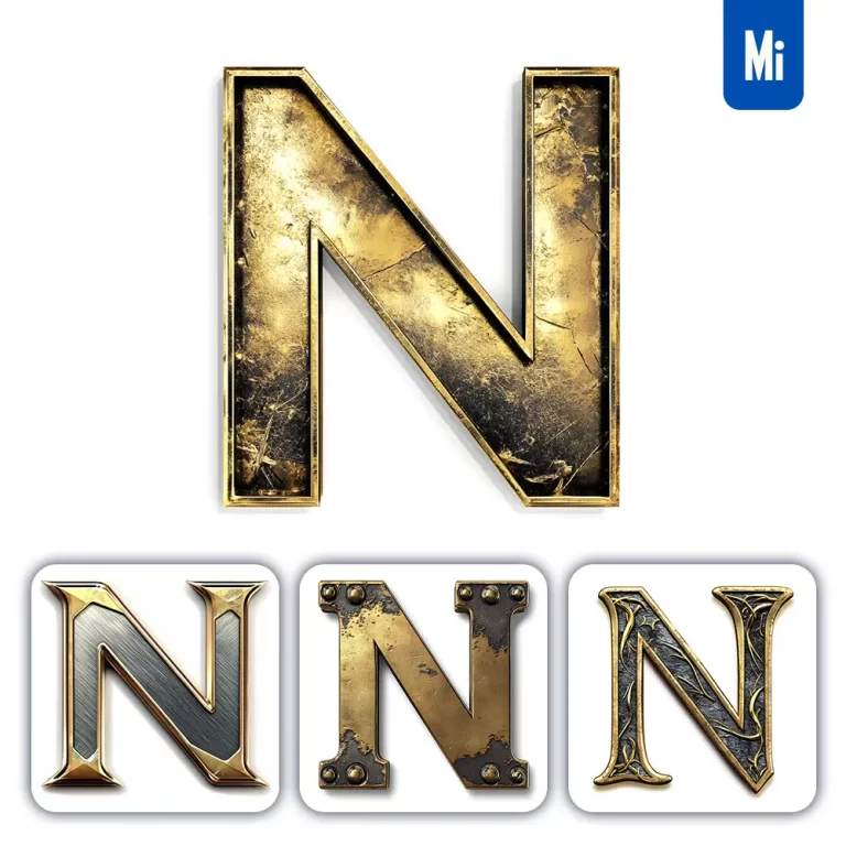 midjourney prompt N letter logo 3D rendering gold golden metal