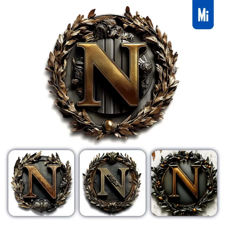 midjourney prompt N letter logo retro 3D rendering dark gold golden metal