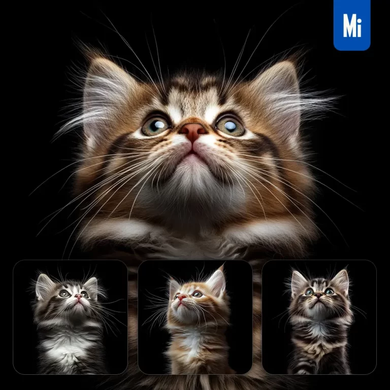 midjourney prompt Norwegian Forest cat kitten head face front look up portrait photography