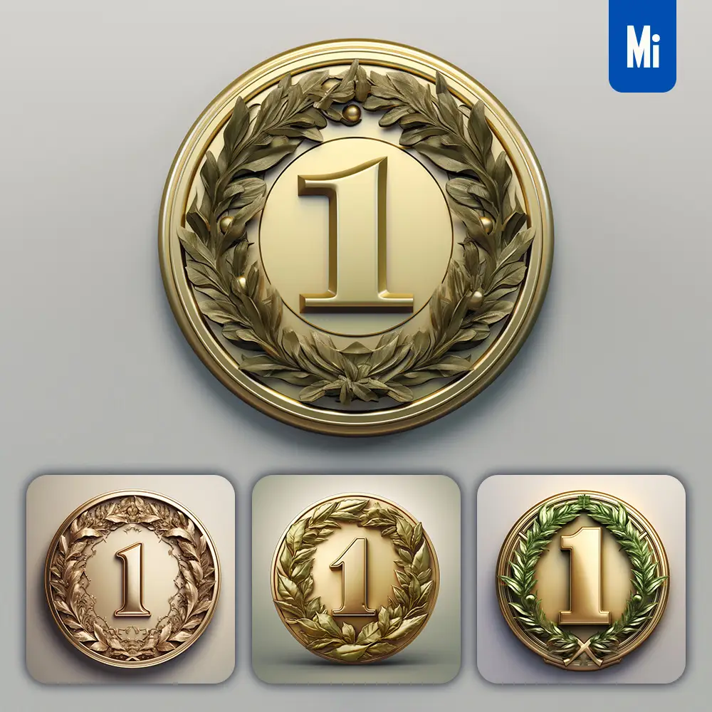 midjourney prompt Number 1 round badge logo 3D rendering gold golden metal