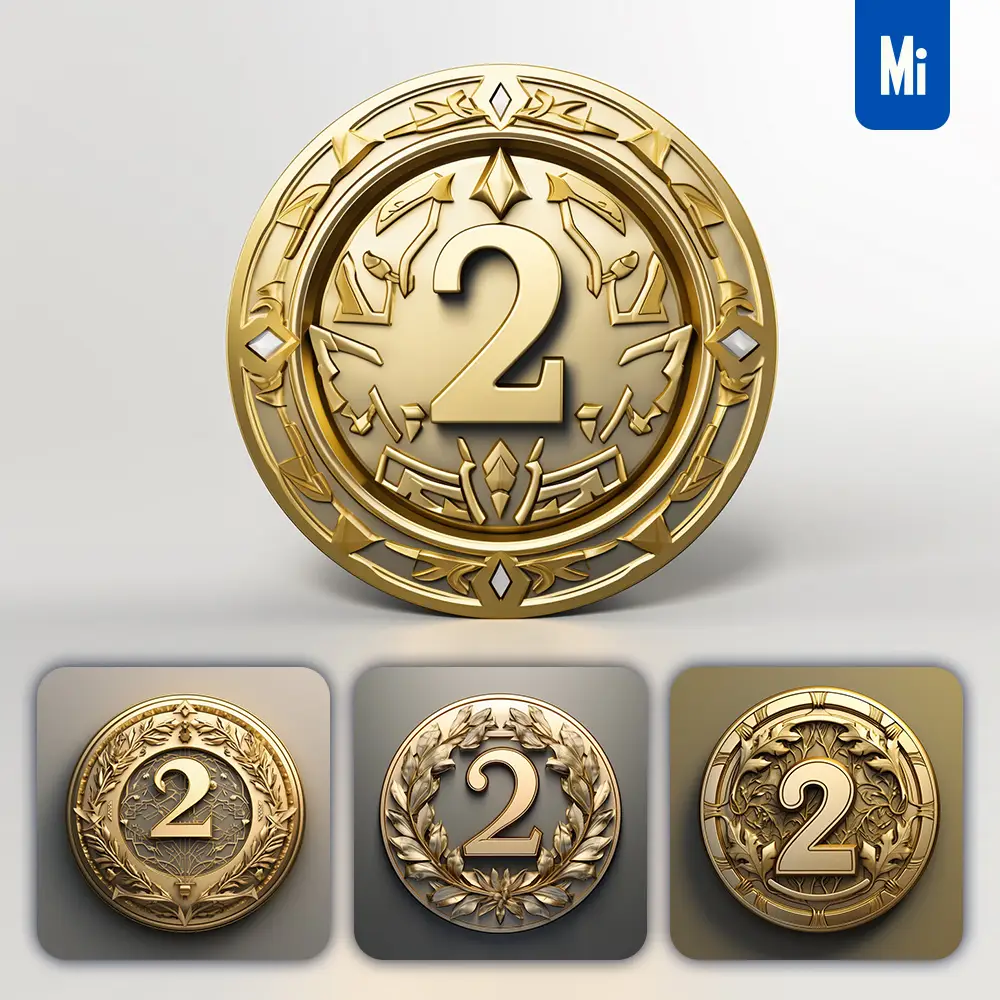 midjourney prompt Number 2 round badge logo 3D rendering gold golden metal