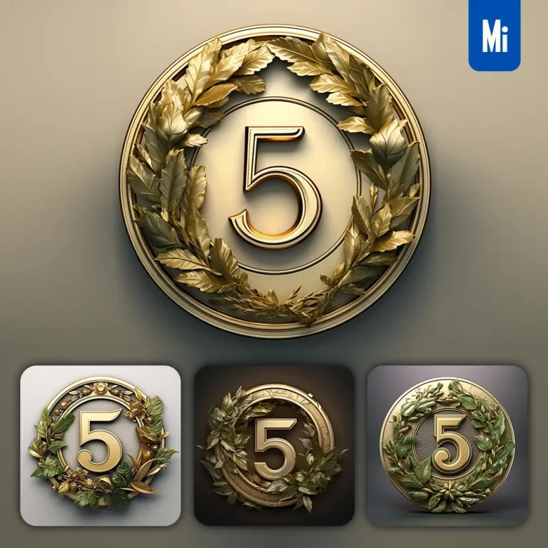 midjourney prompt Number 5 round badge logo 3D rendering gold golden metal