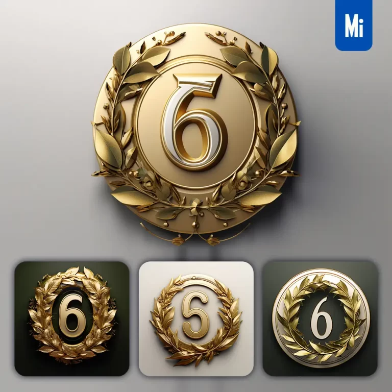 midjourney prompt Number 6 round badge logo 3D rendering gold golden metal