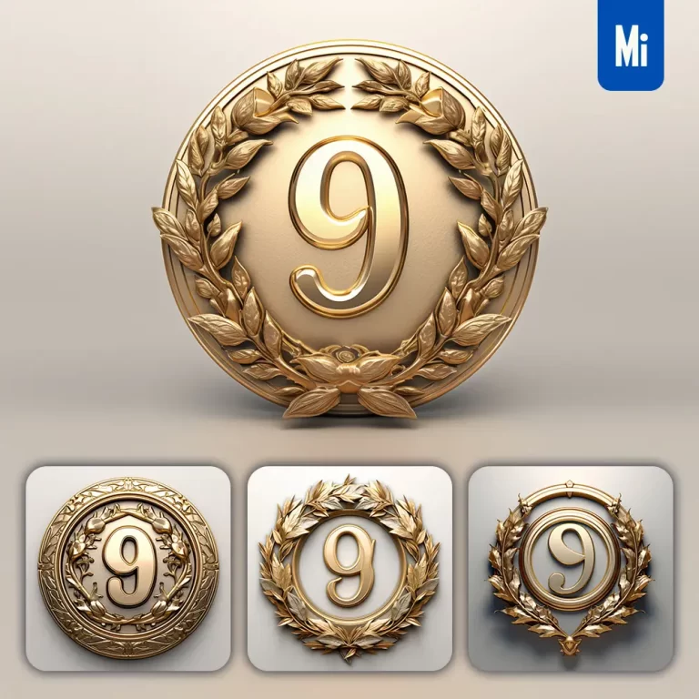 midjourney prompt Number 9 round badge logo 3D rendering gold golden metal
