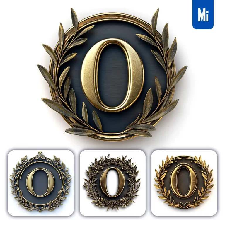 midjourney prompt O letter badge gold coin golden dark olive branches round metal 3D rendering