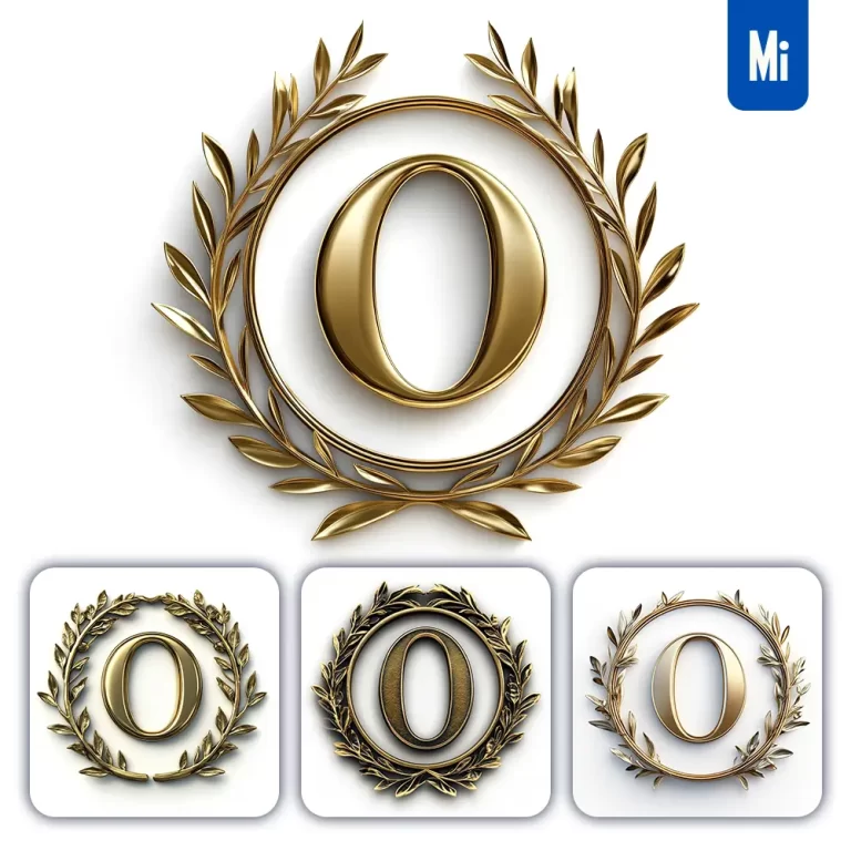 midjourney prompt O letter badge logo gold golden dark olive branches round ring hollow white metal 3D rendering