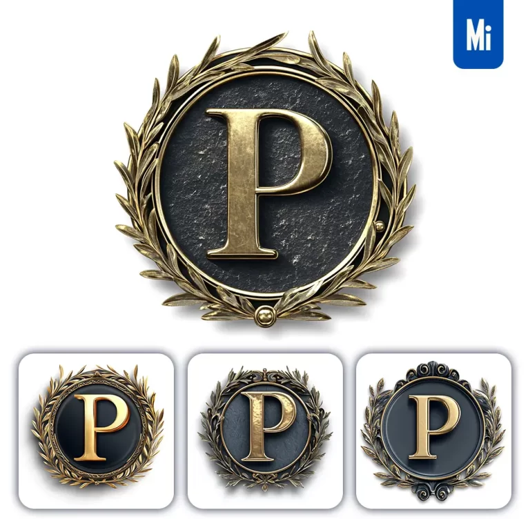 midjourney prompt P letter badge gold coin golden dark olive branches round metal 3D rendering