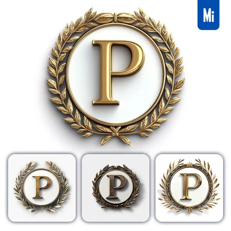 midjourney prompt P letter badge logo gold golden dark olive branches round ring hollow white metal 3D rendering