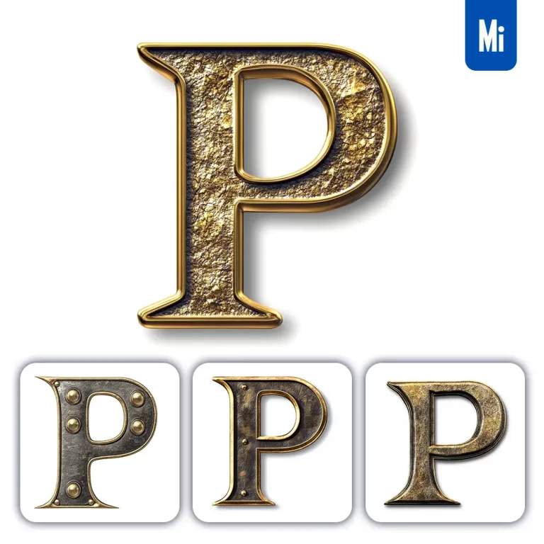 midjourney prompt P letter logo 3D rendering gold golden metal