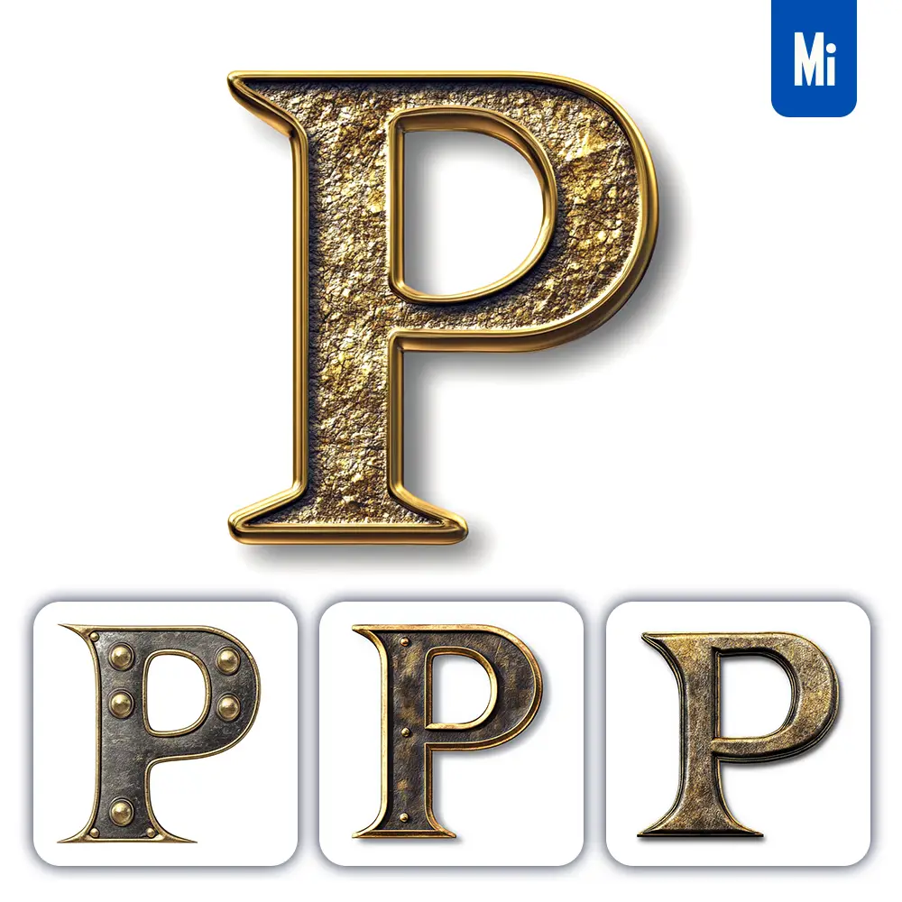 midjourney prompt P letter logo 3D rendering gold golden metal