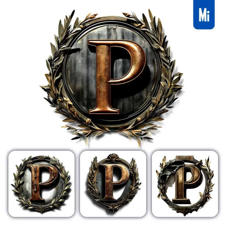 midjourney prompt P letter logo retro 3D rendering dark gold golden metal