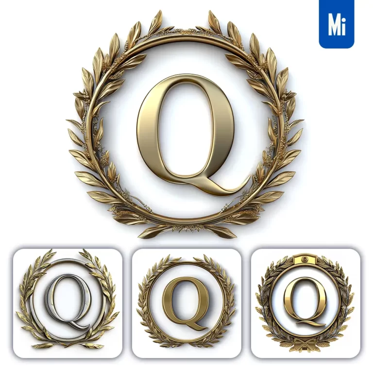 midjourney prompt Q letter badge logo gold golden dark olive branches round ring hollow white metal 3D rendering