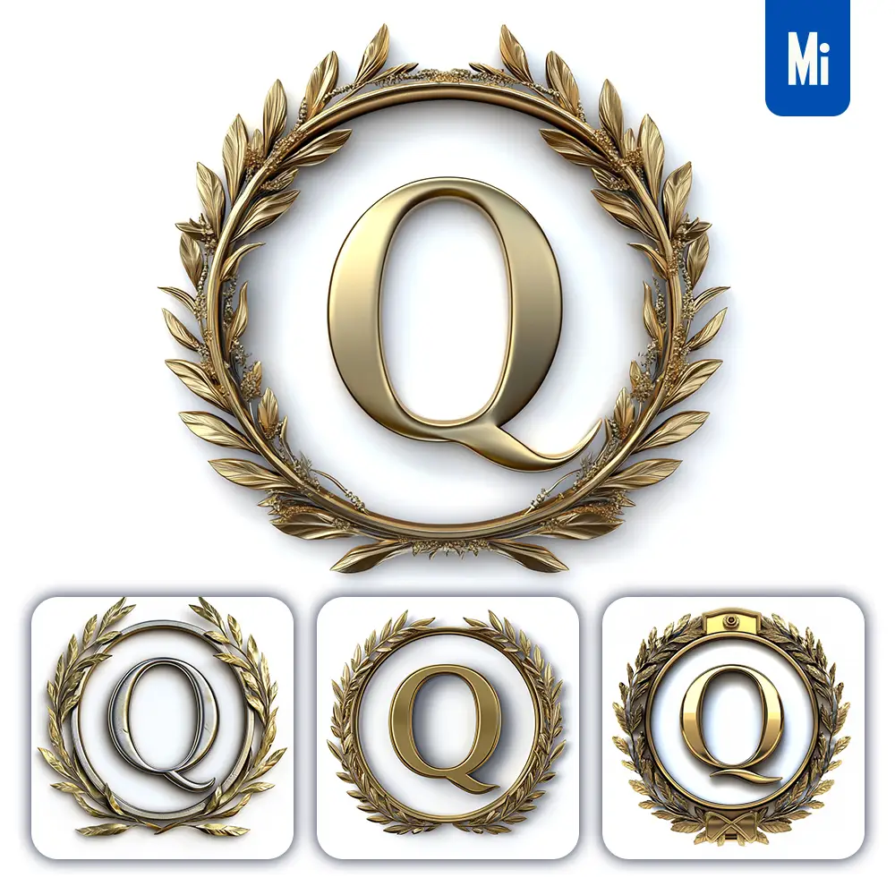 midjourney prompt Q letter badge logo gold golden dark olive branches round ring hollow white metal 3D rendering