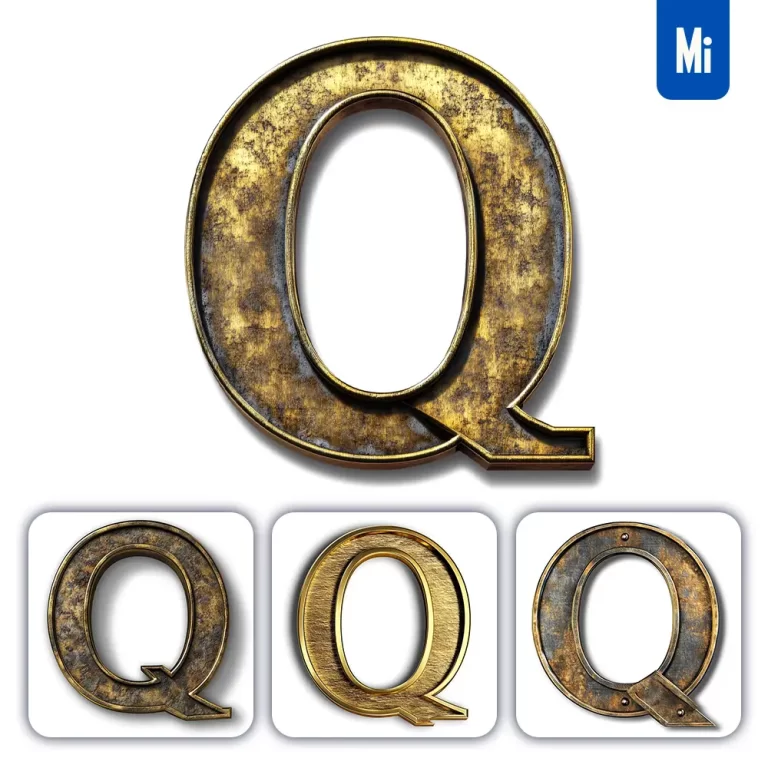 midjourney prompt Q letter logo 3D rendering gold golden metal