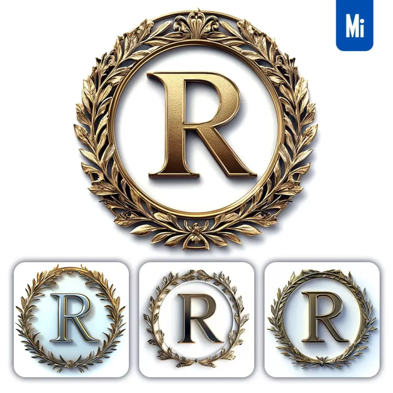 midjourney prompt R letter badge logo gold golden dark olive branches round ring hollow white metal 3D rendering